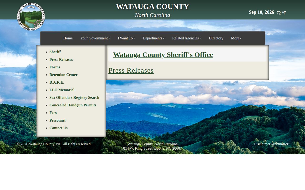 Watauga County Sheriff press release page without a current arrest blotter