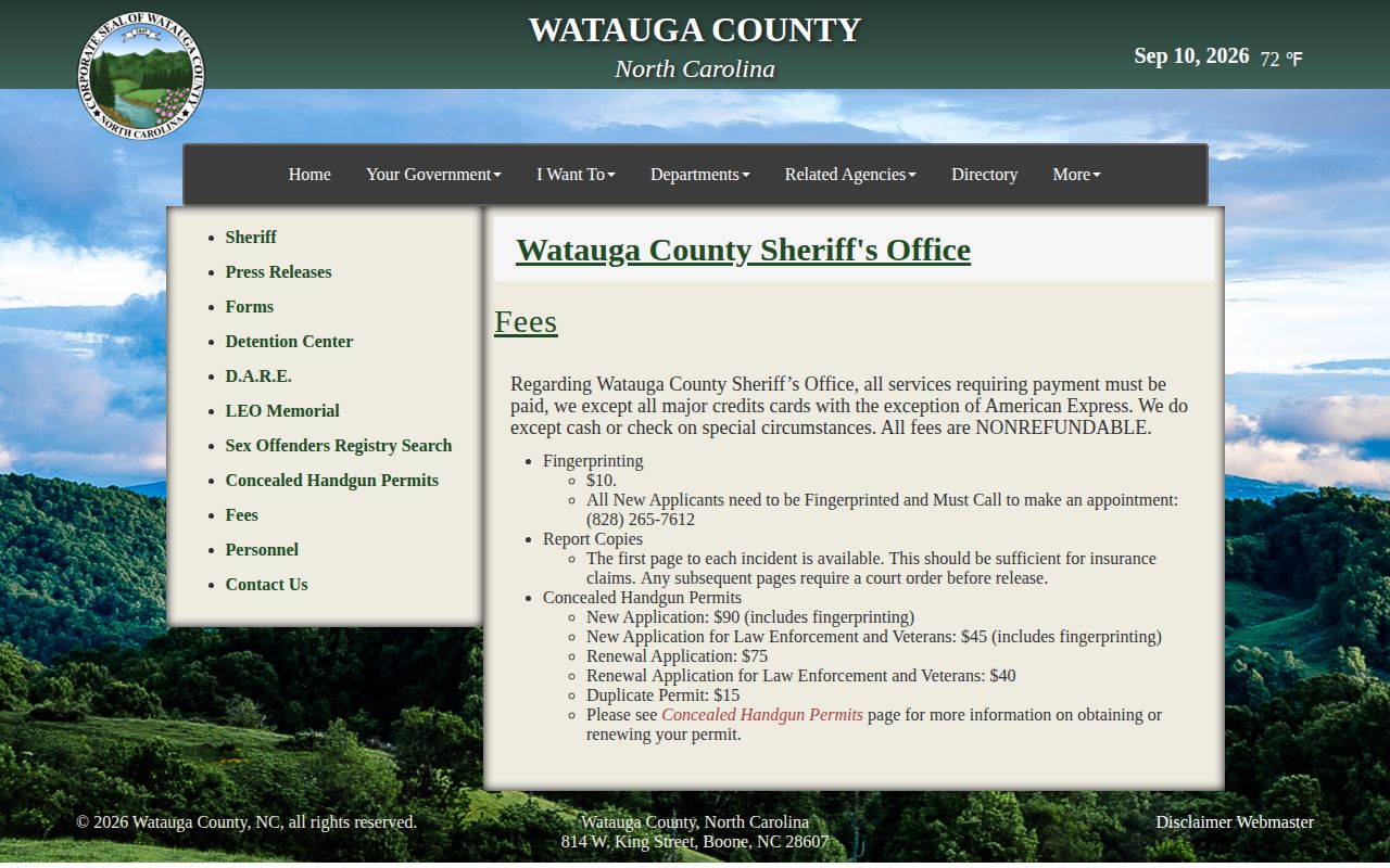 Watauga County Sheriff records fee information for arrest record requests