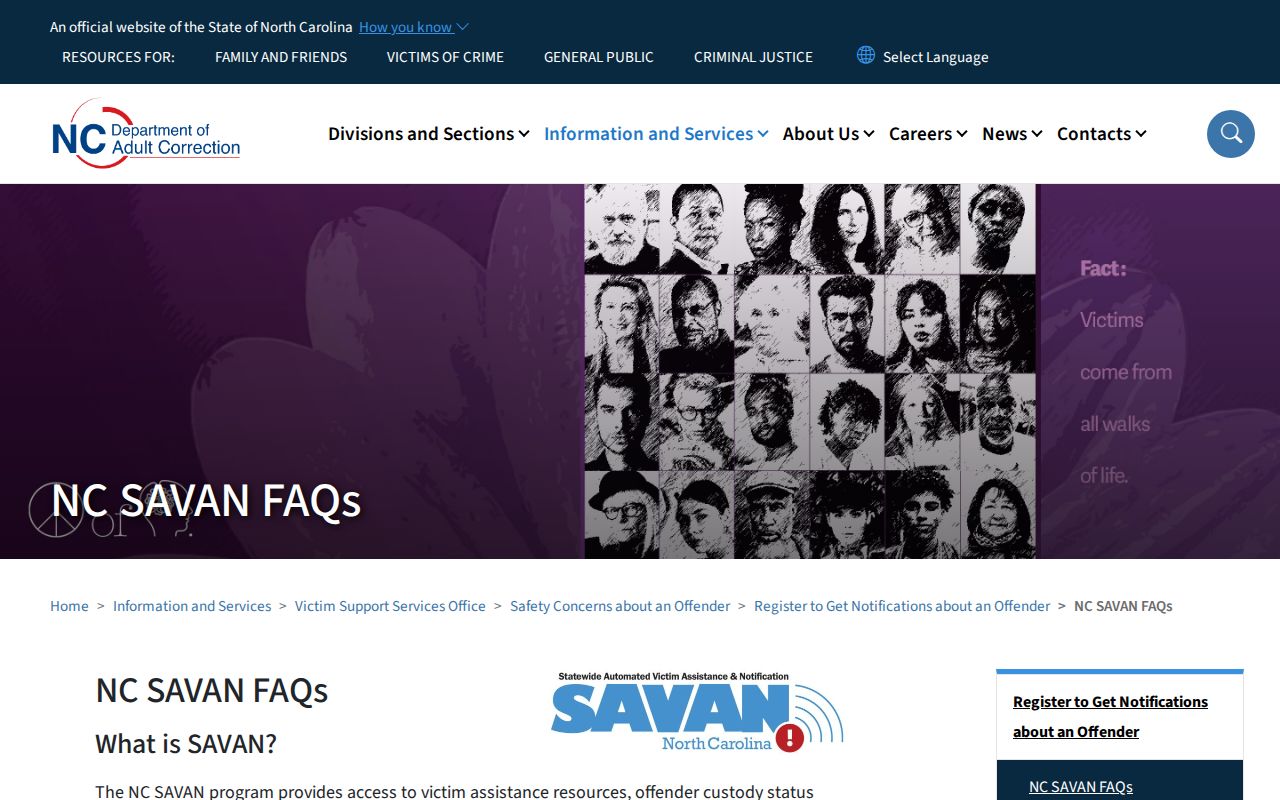 North Carolina SAVAN search registration and alert information