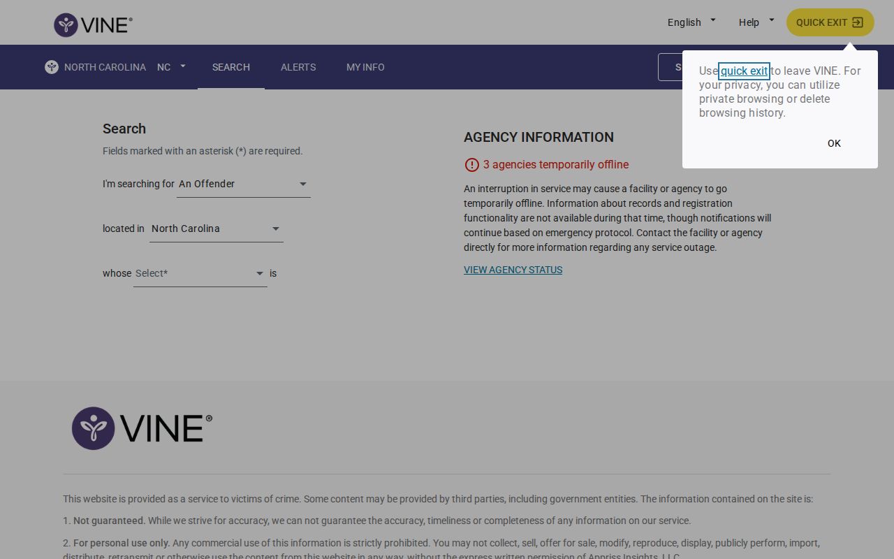 VINELink North Carolina person search for Watauga County custody records