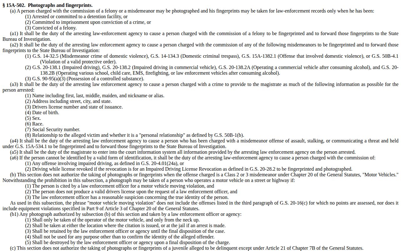 North Carolina law governing Watauga County arrest fingerprints and photographs