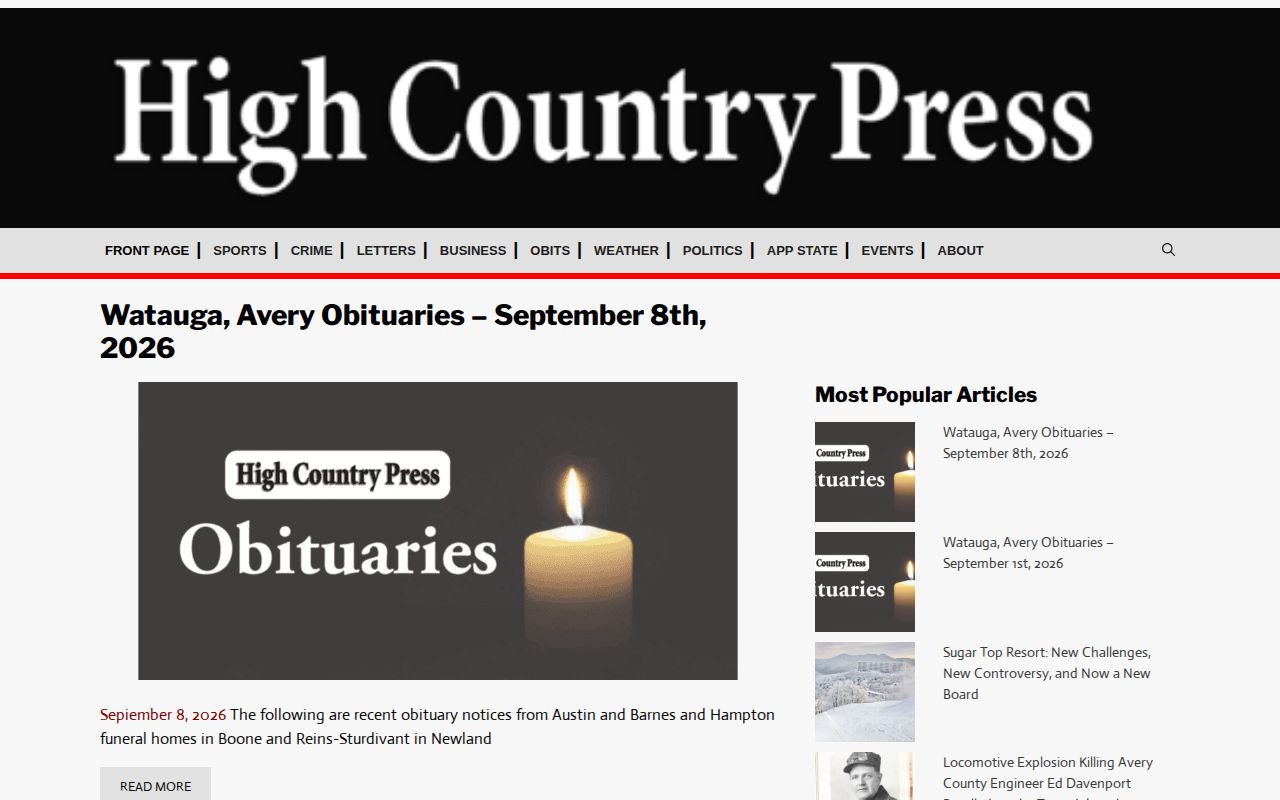 High Country Press regional news homepage used for Watauga court and crime coverage
